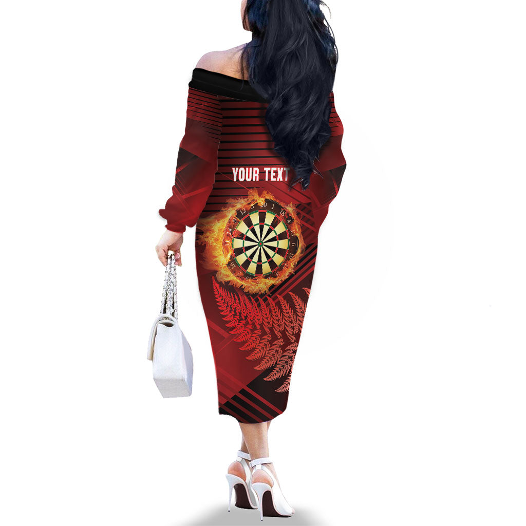 Personalised Darts New Zealand Family Matching Off The Shoulder Long Sleeve Dress and Hawaiian Shirt Silver Fern Red Color