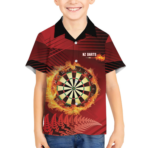 Personalised Darts New Zealand Family Matching Off The Shoulder Long Sleeve Dress and Hawaiian Shirt Silver Fern Red Color