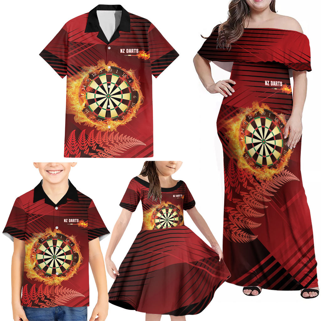 Personalised Darts New Zealand Family Matching Off Shoulder Maxi Dress and Hawaiian Shirt Silver Fern Red Color