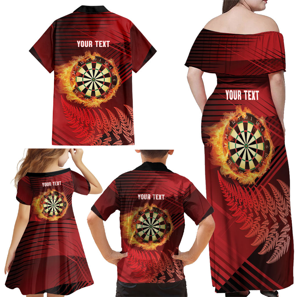 Personalised Darts New Zealand Family Matching Off Shoulder Maxi Dress and Hawaiian Shirt Silver Fern Red Color