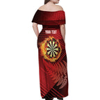 Personalised Darts New Zealand Family Matching Off Shoulder Maxi Dress and Hawaiian Shirt Silver Fern Red Color