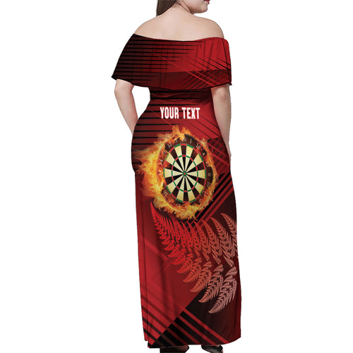 Personalised Darts New Zealand Family Matching Off Shoulder Maxi Dress and Hawaiian Shirt Silver Fern Red Color