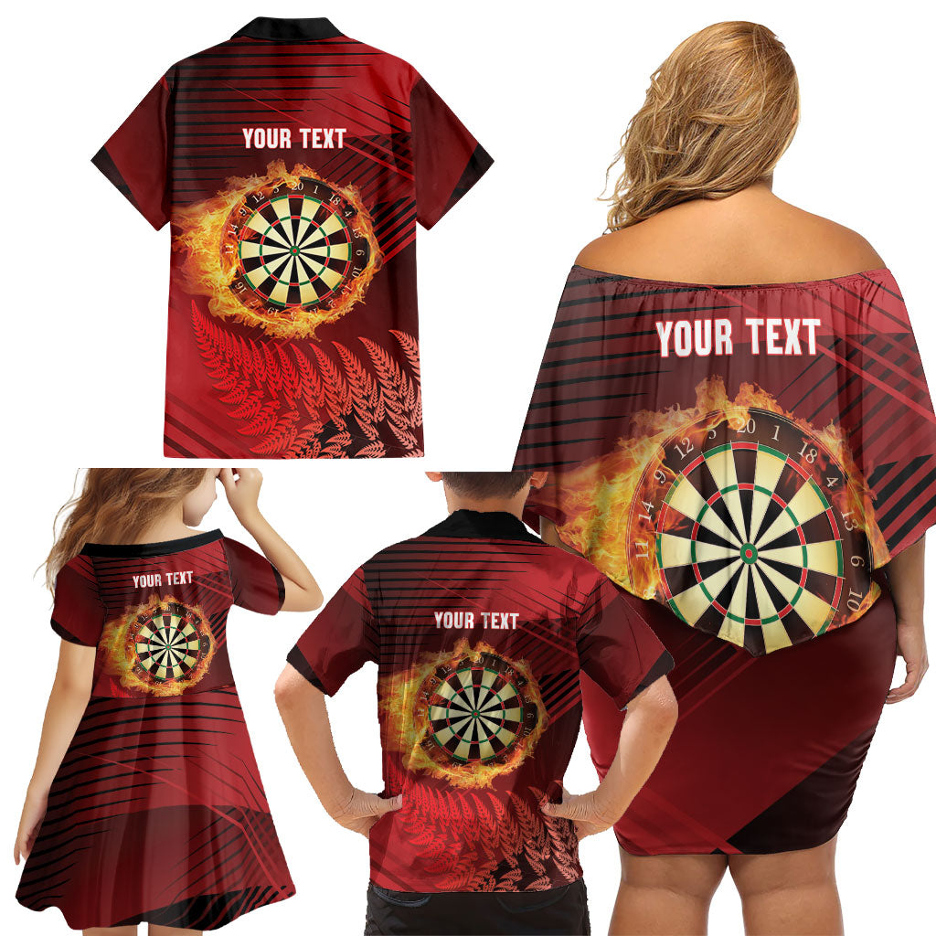 Personalised Darts New Zealand Family Matching Off Shoulder Short Dress and Hawaiian Shirt Silver Fern Red Color