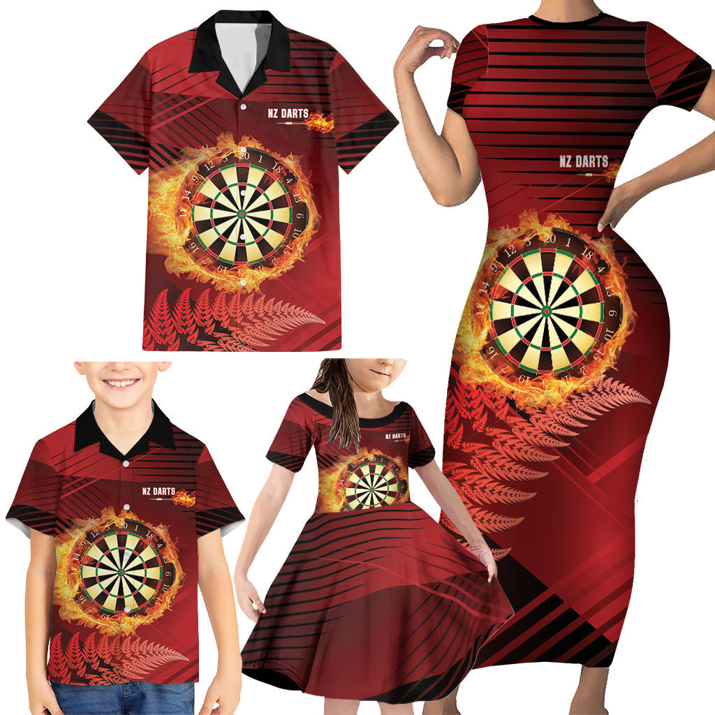 Personalised Darts New Zealand Family Matching Short Sleeve Bodycon Dress and Hawaiian Shirt Silver Fern Red Color