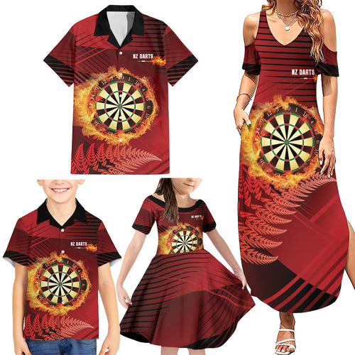 Personalised Darts New Zealand Family Matching Summer Maxi Dress and Hawaiian Shirt Silver Fern Red Color