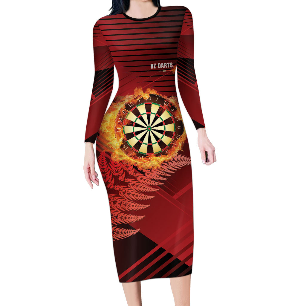 Personalised Darts New Zealand Long Sleeve Bodycon Dress Silver Fern Red Color