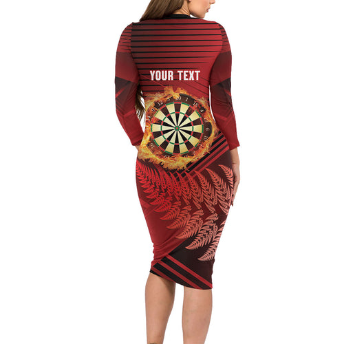 Personalised Darts New Zealand Long Sleeve Bodycon Dress Silver Fern Red Color