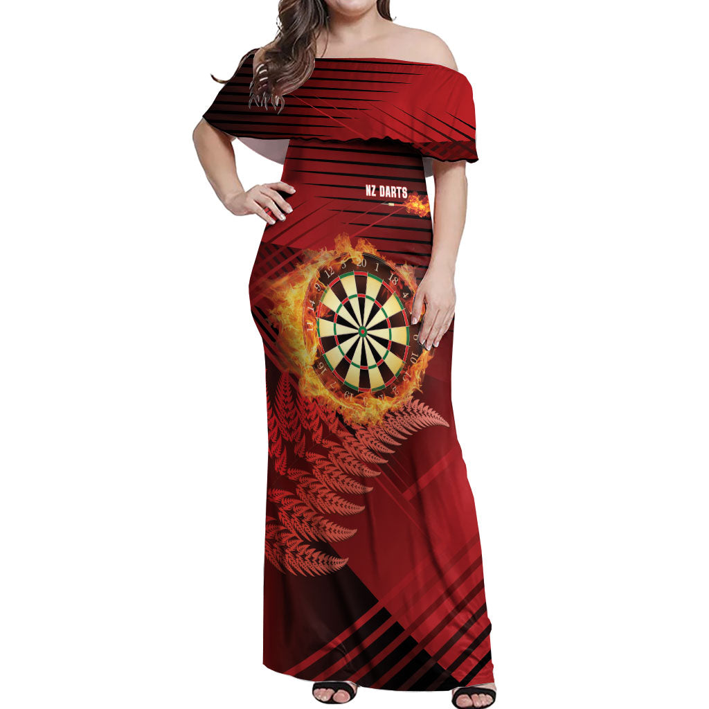 Personalised Darts New Zealand Off Shoulder Maxi Dress Silver Fern Red Color