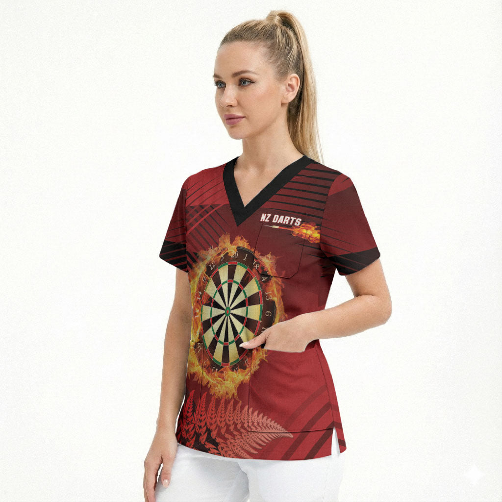 Personalised Darts New Zealand Scrub Top Silver Fern Red Color