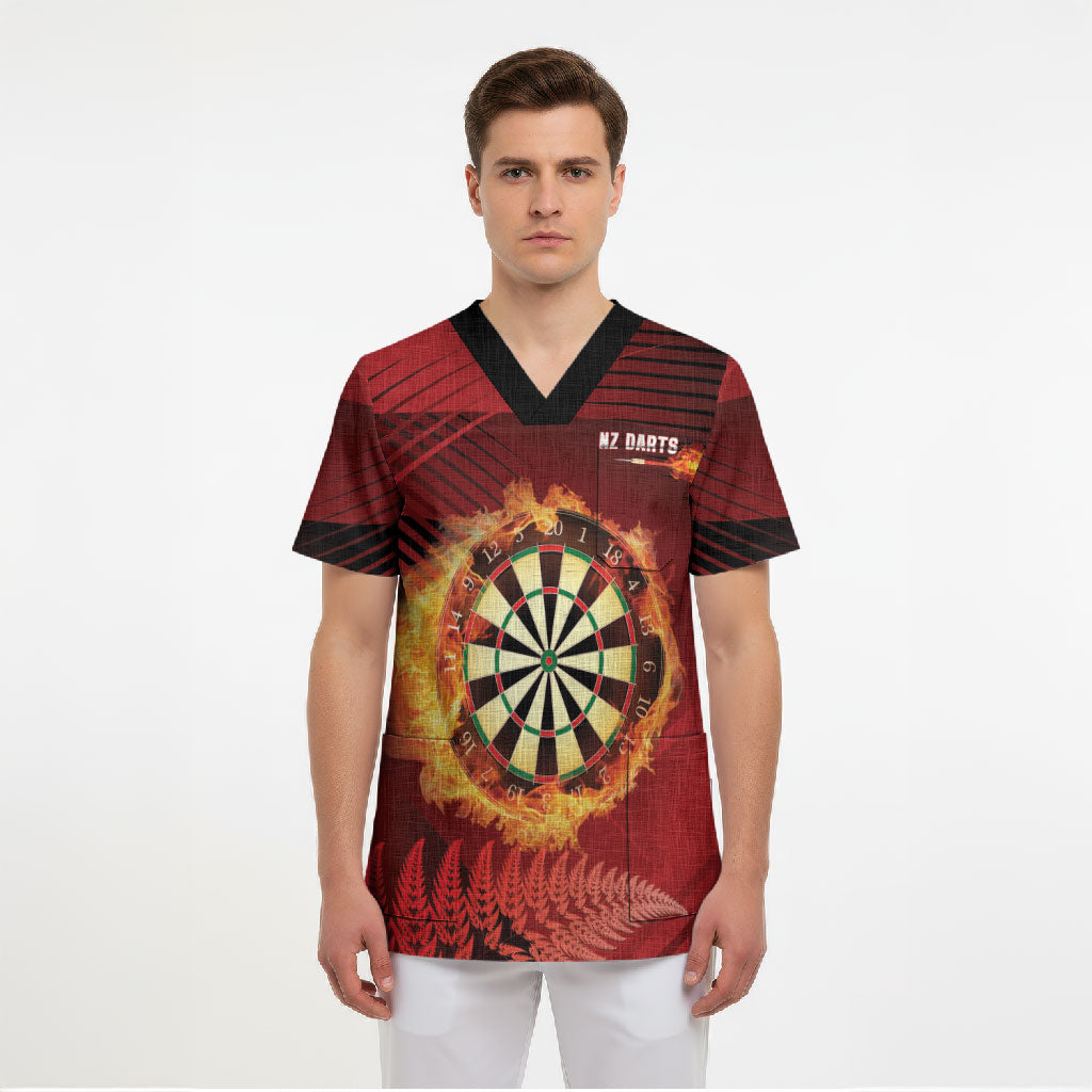 Personalised Darts New Zealand Scrub Top Silver Fern Red Color