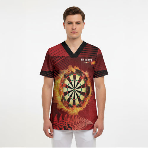Personalised Darts New Zealand Scrub Top Silver Fern Red Color
