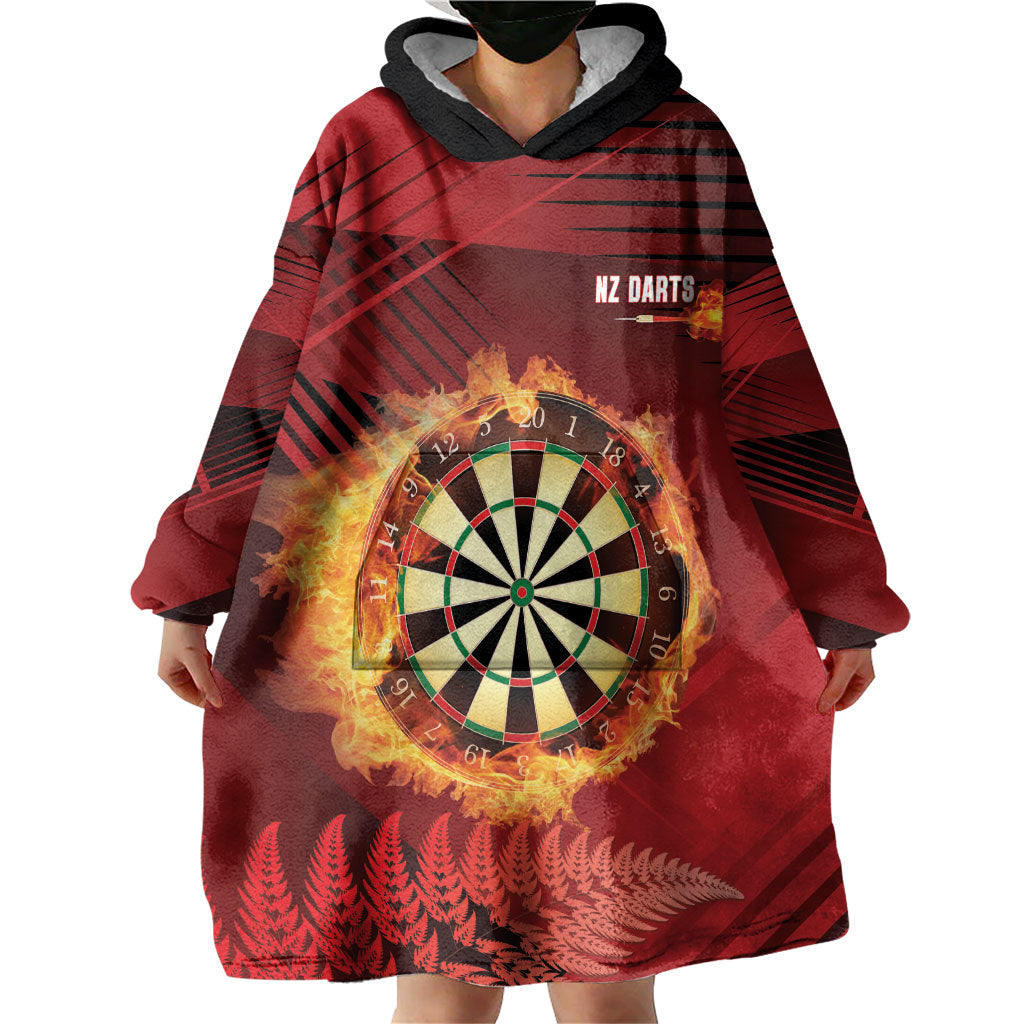 Personalised Darts New Zealand Wearable Blanket Hoodie Silver Fern Red Color