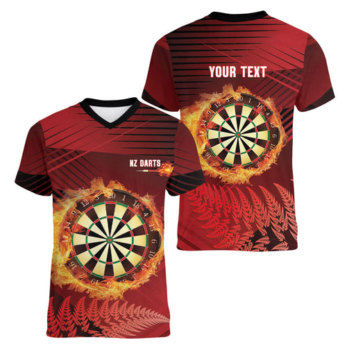 Personalised Darts New Zealand Women V-Neck T-Shirt Silver Fern Red Color