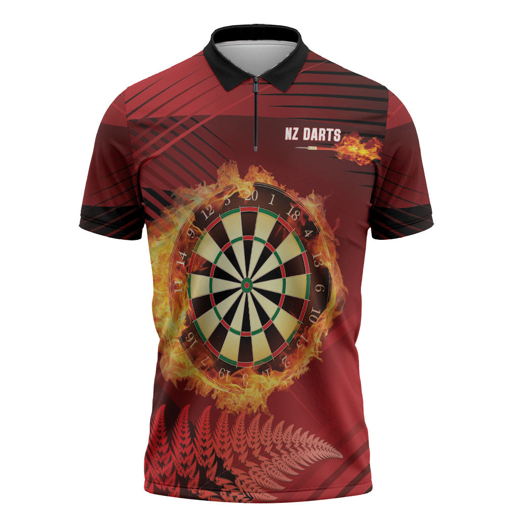 Personalised Darts New Zealand Zipper Polo Shirt Silver Fern Red Color