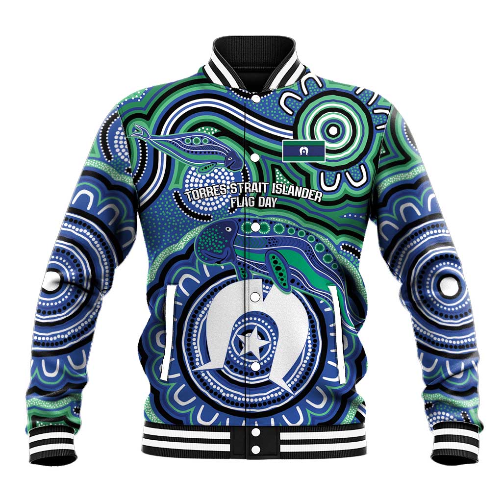 Torres Strait Islander Flag Day Personalised Baseball Jacket Dhari Dugongs Sea Cows Aboriginal Art