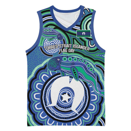 Torres Strait Islander Flag Day Personalised Basketball Jersey Dhari Dugongs Sea Cows Aboriginal Art