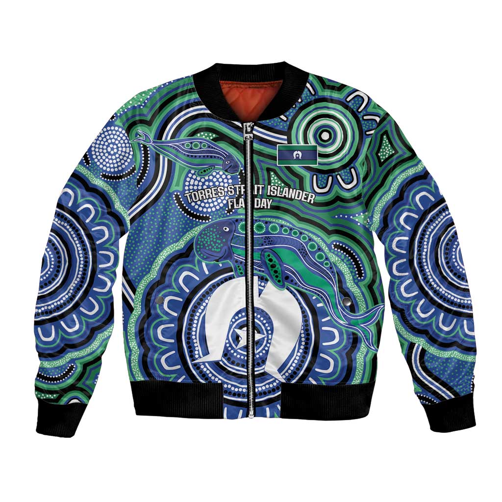 Torres Strait Islander Flag Day Personalised Bomber Jacket Dhari Dugongs Sea Cows Aboriginal Art