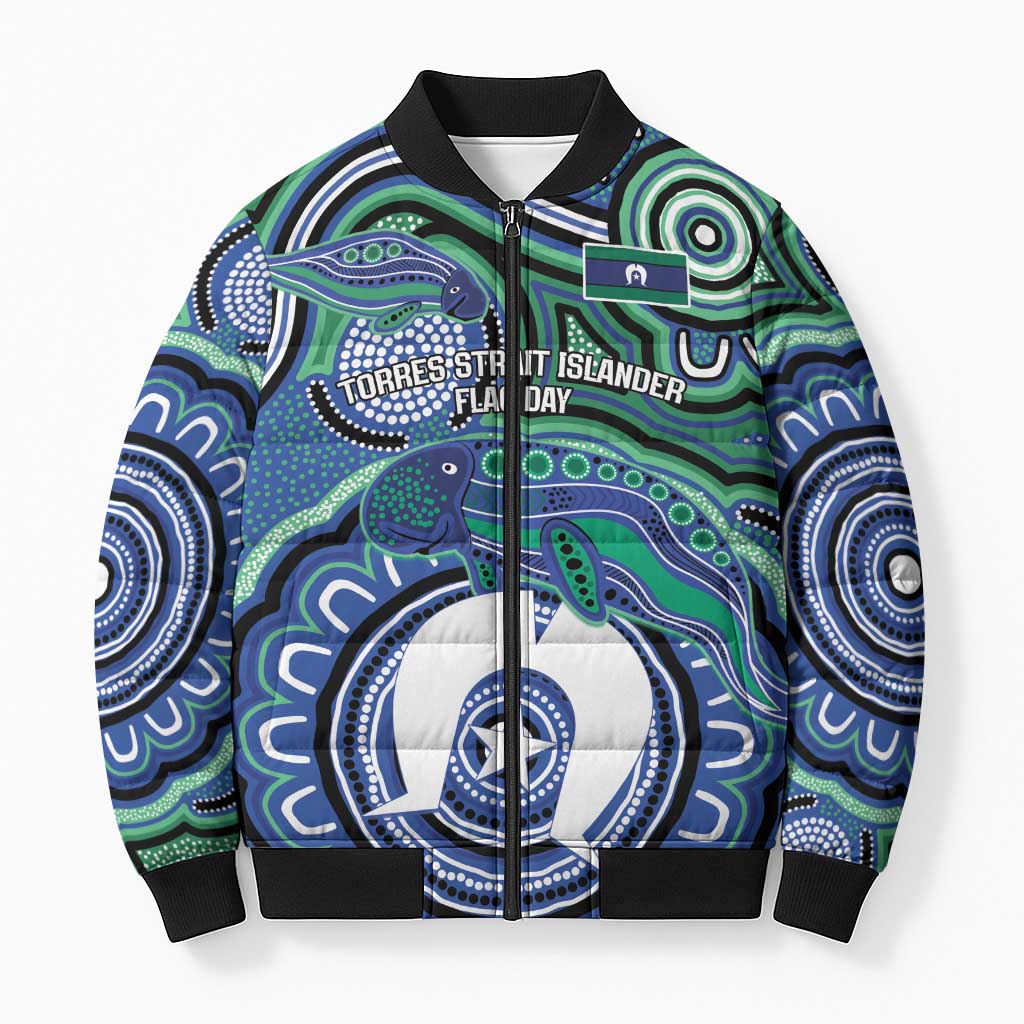 Torres Strait Islander Flag Day Personalised Bomber Puffer Jacket Dhari Dugongs Sea Cows Aboriginal Art