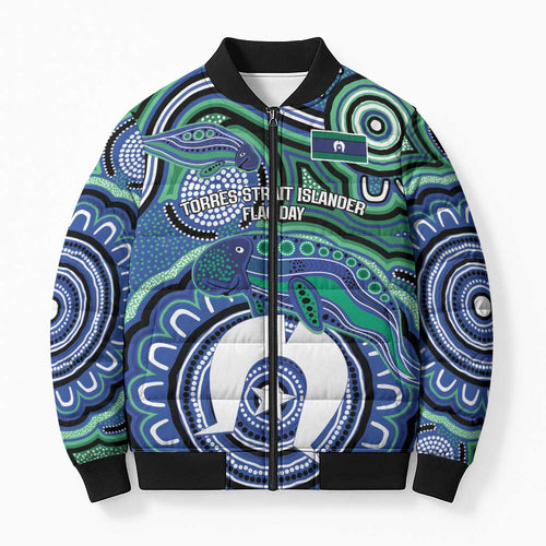 Torres Strait Islander Flag Day Personalised Bomber Puffer Jacket Dhari Dugongs Sea Cows Aboriginal Art