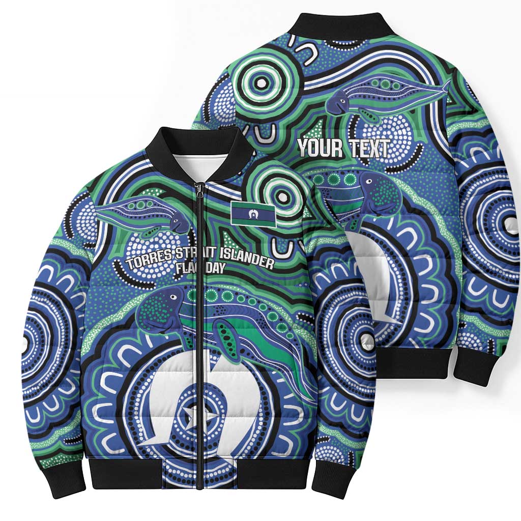 Torres Strait Islander Flag Day Personalised Bomber Puffer Jacket Dhari Dugongs Sea Cows Aboriginal Art