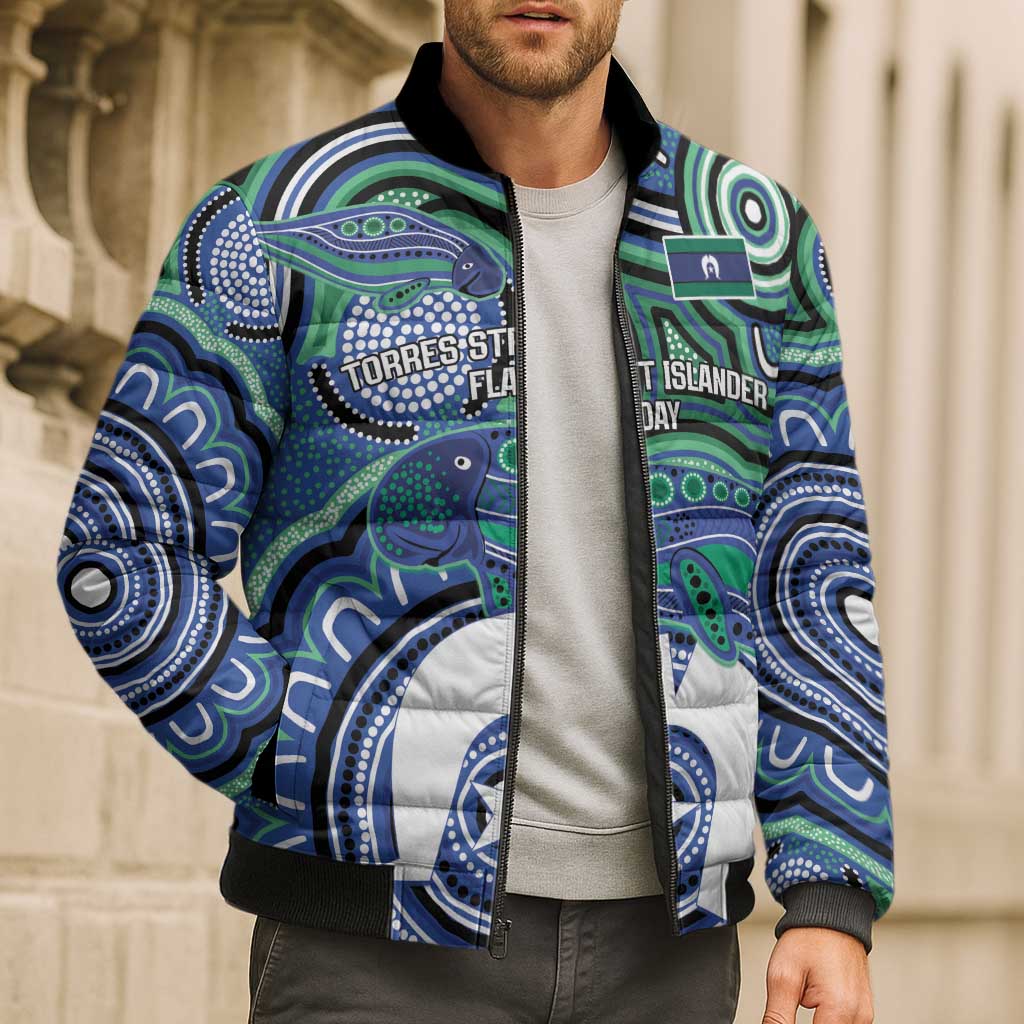 Torres Strait Islander Flag Day Personalised Bomber Puffer Jacket Dhari Dugongs Sea Cows Aboriginal Art