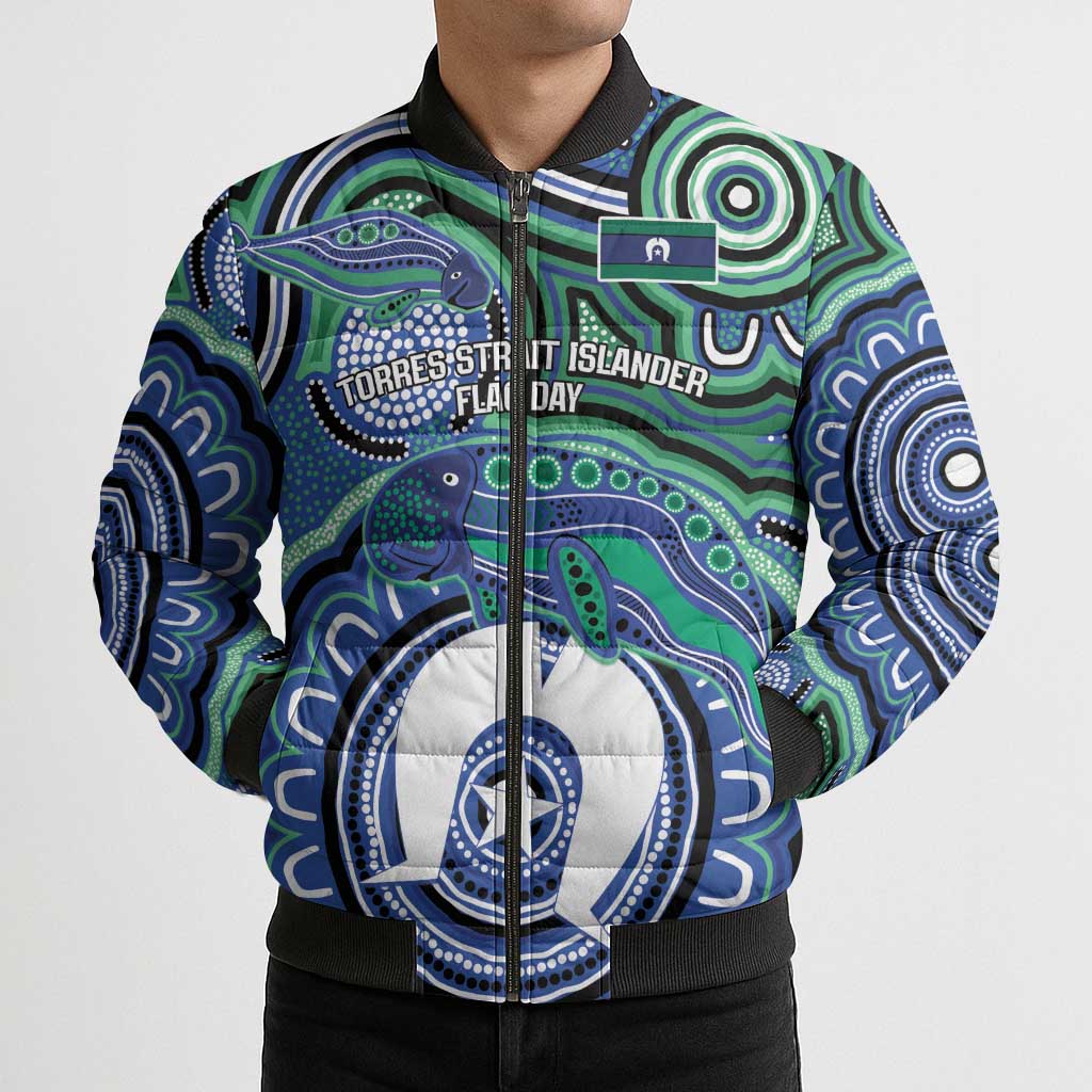 Torres Strait Islander Flag Day Personalised Bomber Puffer Jacket Dhari Dugongs Sea Cows Aboriginal Art