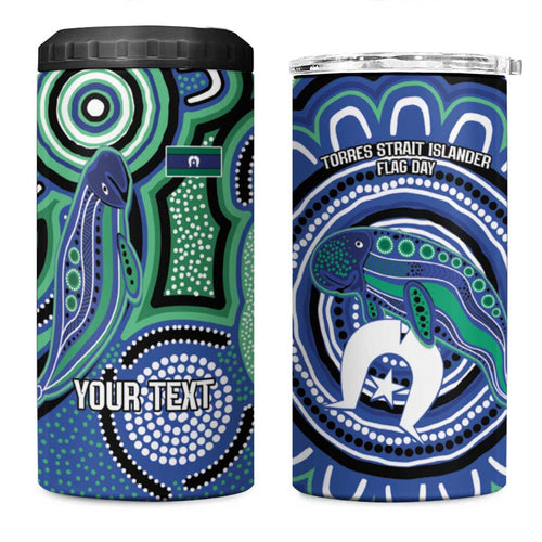 Torres Strait Islander Flag Day Personalised 4 in 1 Can Cooler Tumbler Dhari Dugongs Sea Cows Aboriginal Art