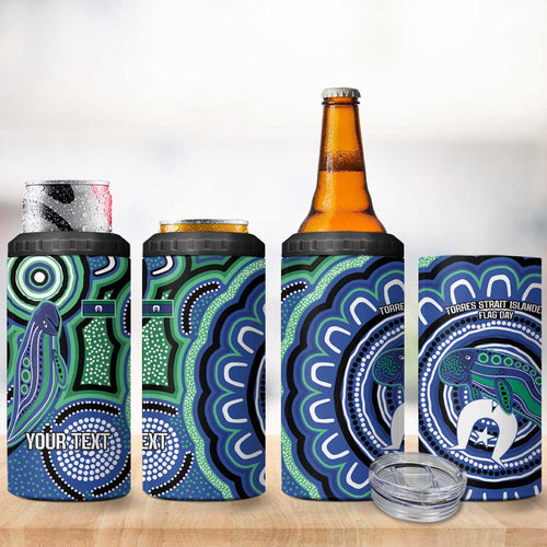 Torres Strait Islander Flag Day Personalised 4 in 1 Can Cooler Tumbler Dhari Dugongs Sea Cows Aboriginal Art