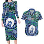 Torres Strait Islander Flag Day Personalised Couples Matching Long Sleeve Bodycon Dress and Hawaiian Shirt Dhari Dugongs Sea Cows Aboriginal Art