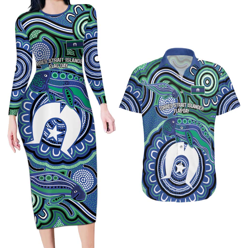 Torres Strait Islander Flag Day Personalised Couples Matching Long Sleeve Bodycon Dress and Hawaiian Shirt Dhari Dugongs Sea Cows Aboriginal Art