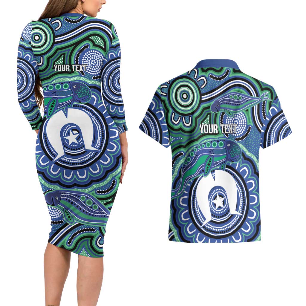 Torres Strait Islander Flag Day Personalised Couples Matching Long Sleeve Bodycon Dress and Hawaiian Shirt Dhari Dugongs Sea Cows Aboriginal Art