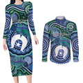 Torres Strait Islander Flag Day Personalised Couples Matching Long Sleeve Bodycon Dress and Long Sleeve Button Shirt Dhari Dugongs Sea Cows Aboriginal Art
