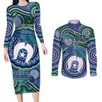 Torres Strait Islander Flag Day Personalised Couples Matching Long Sleeve Bodycon Dress and Long Sleeve Button Shirt Dhari Dugongs Sea Cows Aboriginal Art
