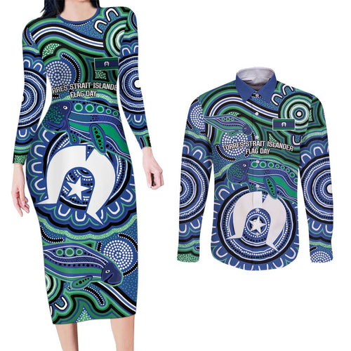 Torres Strait Islander Flag Day Personalised Couples Matching Long Sleeve Bodycon Dress and Long Sleeve Button Shirt Dhari Dugongs Sea Cows Aboriginal Art
