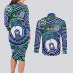 Torres Strait Islander Flag Day Personalised Couples Matching Long Sleeve Bodycon Dress and Long Sleeve Button Shirt Dhari Dugongs Sea Cows Aboriginal Art