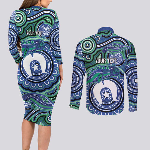 Torres Strait Islander Flag Day Personalised Couples Matching Long Sleeve Bodycon Dress and Long Sleeve Button Shirt Dhari Dugongs Sea Cows Aboriginal Art