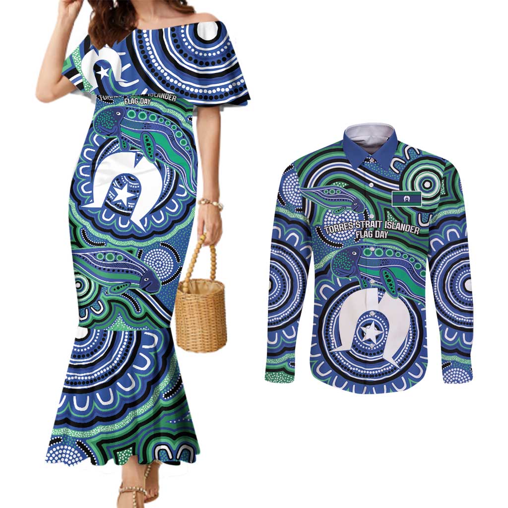 Torres Strait Islander Flag Day Personalised Couples Matching Mermaid Dress and Long Sleeve Button Shirt Dhari Dugongs Sea Cows Aboriginal Art
