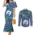 Torres Strait Islander Flag Day Personalised Couples Matching Mermaid Dress and Long Sleeve Button Shirt Dhari Dugongs Sea Cows Aboriginal Art