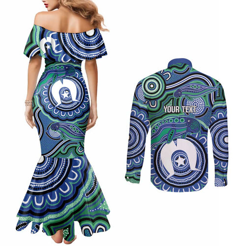 Torres Strait Islander Flag Day Personalised Couples Matching Mermaid Dress and Long Sleeve Button Shirt Dhari Dugongs Sea Cows Aboriginal Art