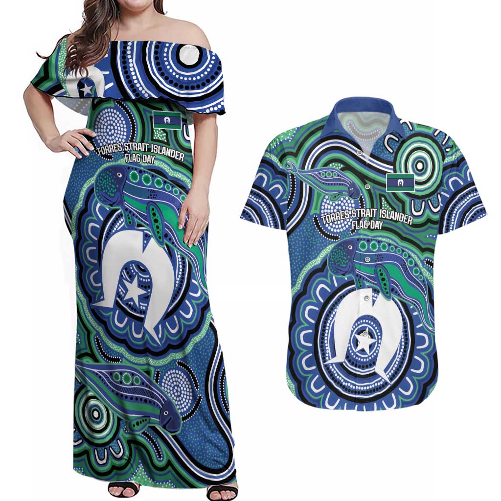Torres Strait Islander Flag Day Personalised Couples Matching Off Shoulder Maxi Dress and Hawaiian Shirt Dhari Dugongs Sea Cows Aboriginal Art