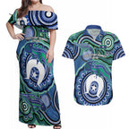 Torres Strait Islander Flag Day Personalised Couples Matching Off Shoulder Maxi Dress and Hawaiian Shirt Dhari Dugongs Sea Cows Aboriginal Art