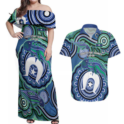 Torres Strait Islander Flag Day Personalised Couples Matching Off Shoulder Maxi Dress and Hawaiian Shirt Dhari Dugongs Sea Cows Aboriginal Art