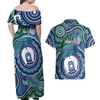 Torres Strait Islander Flag Day Personalised Couples Matching Off Shoulder Maxi Dress and Hawaiian Shirt Dhari Dugongs Sea Cows Aboriginal Art