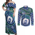 Torres Strait Islander Flag Day Personalised Couples Matching Off Shoulder Maxi Dress and Long Sleeve Button Shirt Dhari Dugongs Sea Cows Aboriginal Art