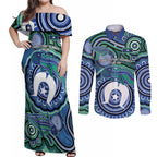 Torres Strait Islander Flag Day Personalised Couples Matching Off Shoulder Maxi Dress and Long Sleeve Button Shirt Dhari Dugongs Sea Cows Aboriginal Art