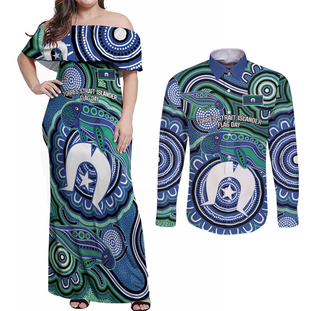Torres Strait Islander Flag Day Personalised Couples Matching Off Shoulder Maxi Dress and Long Sleeve Button Shirt Dhari Dugongs Sea Cows Aboriginal Art