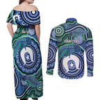 Torres Strait Islander Flag Day Personalised Couples Matching Off Shoulder Maxi Dress and Long Sleeve Button Shirt Dhari Dugongs Sea Cows Aboriginal Art