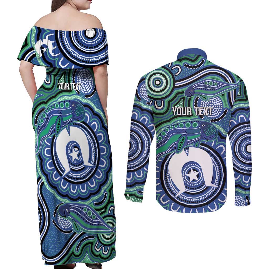Torres Strait Islander Flag Day Personalised Couples Matching Off Shoulder Maxi Dress and Long Sleeve Button Shirt Dhari Dugongs Sea Cows Aboriginal Art