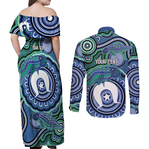 Torres Strait Islander Flag Day Personalised Couples Matching Off Shoulder Maxi Dress and Long Sleeve Button Shirt Dhari Dugongs Sea Cows Aboriginal Art