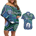Torres Strait Islander Flag Day Personalised Couples Matching Off Shoulder Short Dress and Hawaiian Shirt Dhari Dugongs Sea Cows Aboriginal Art